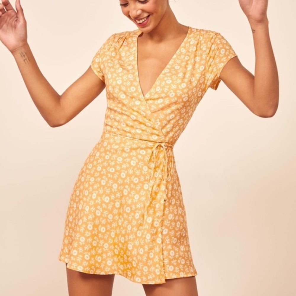 Reformation Ports Floral Mini Wrap Dress Yellow